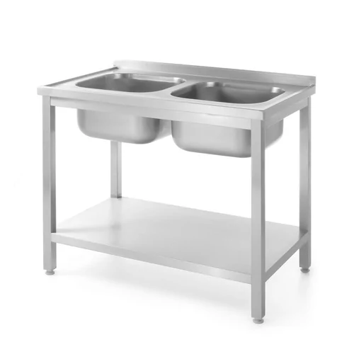 Table with 2 sinks and shelf – bolted, depth 600 mm