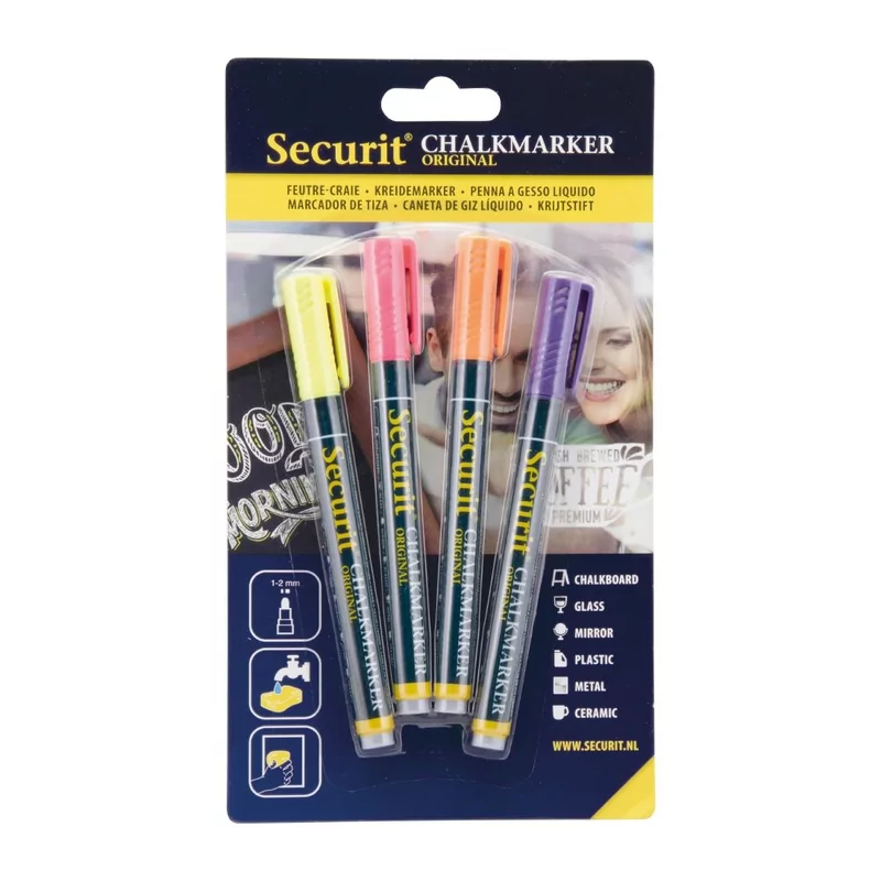 Securit Liquid chalkmarker tropical met 1-2mm Penpunt in geel, roze, oranje, violet (box 4)