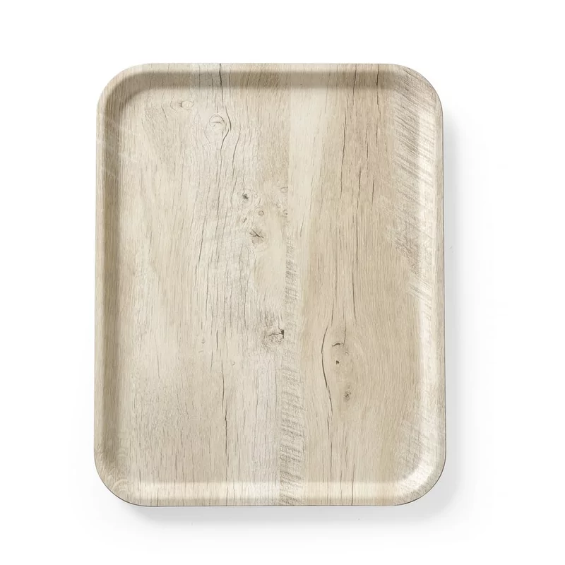 Serving tray with melamine laminate, non slip, with wood design