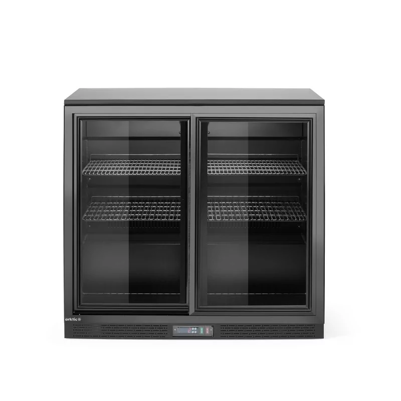 Back bar refrigerator with double sliding doors