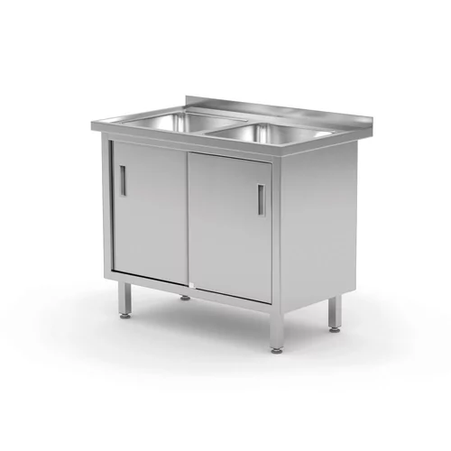 Tafel met 2 spoelbakken, kast – gelast, met schuifdeuren