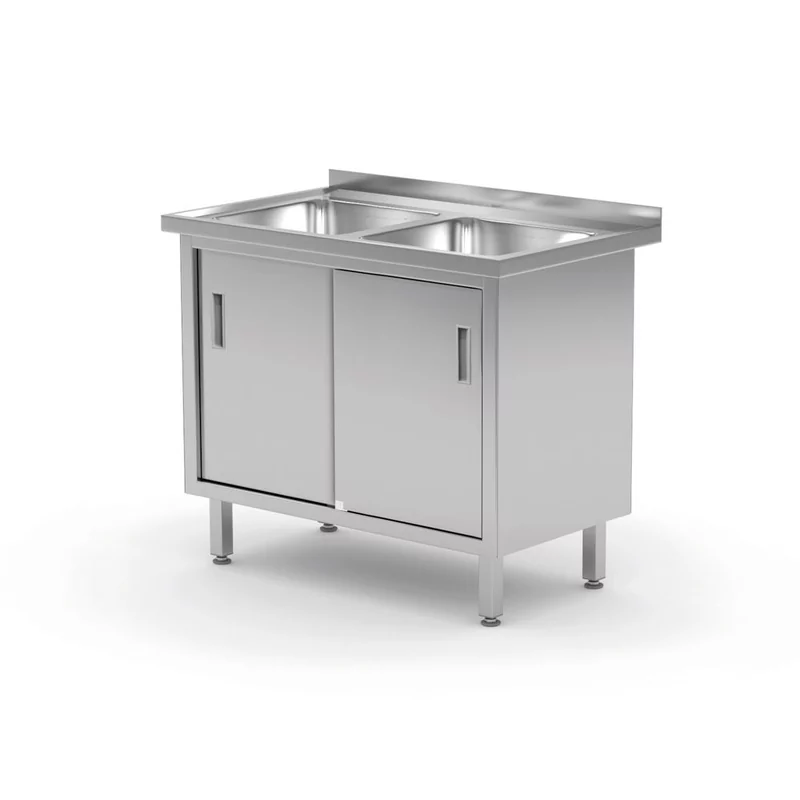 Table with 2 sinks, cabinet – welded, with sliding doors