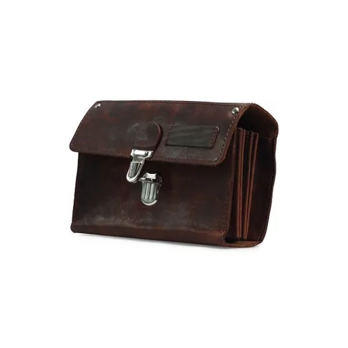 Portefeuille vintage cuir brun 6 compartiments + ceinture + bouton poussoir