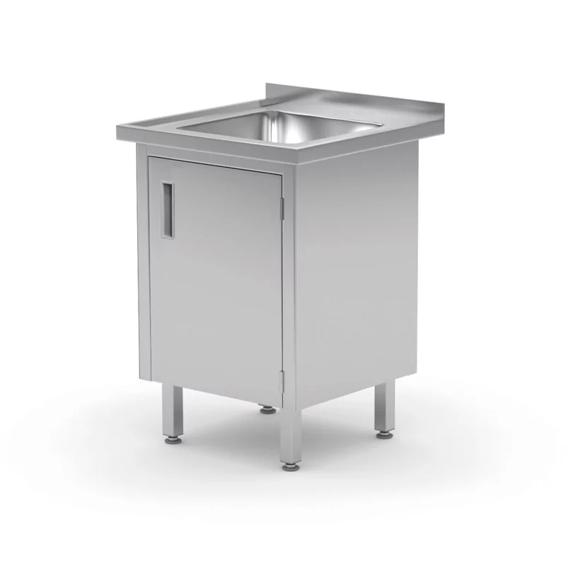 Spoeltafel, gelast, met kast en scharnierende deuren