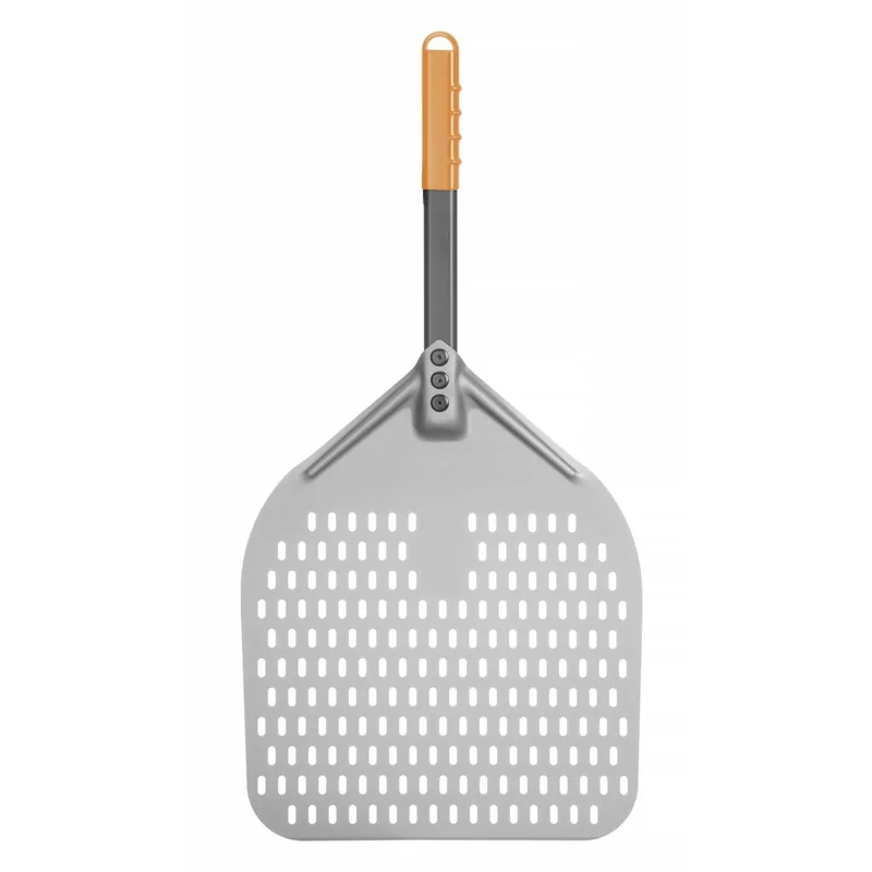 Pizza peel with short handle, squared, perforated