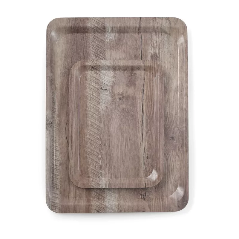 Serving tray with melamine laminate, non slip, with wood design