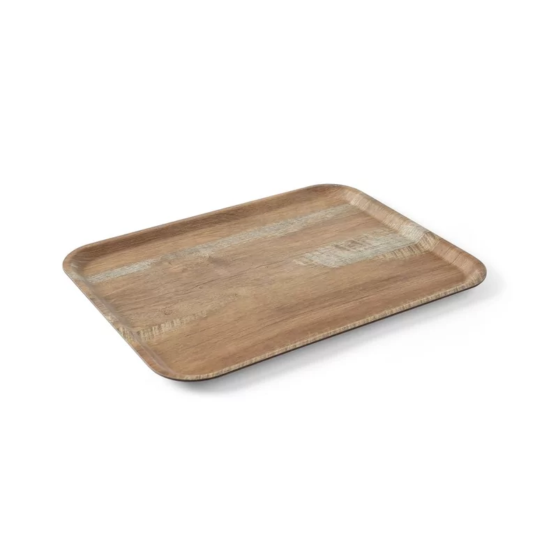 Serving tray with melamine laminate, non slip, with wood design