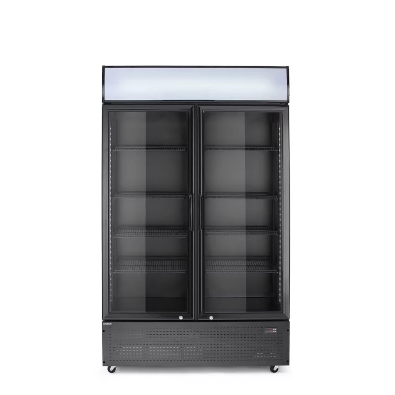 Back bar refrigerator with a backlit panel, double-door